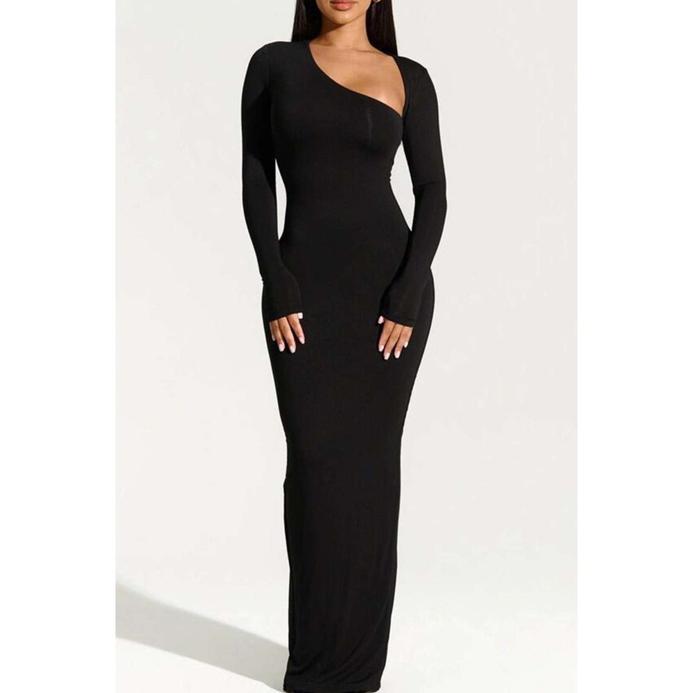 Micas‎ Black Asymmetrical Neck Maxi Dress with Slit Elegant Bodycon Party Dress - Picture 3 of 8